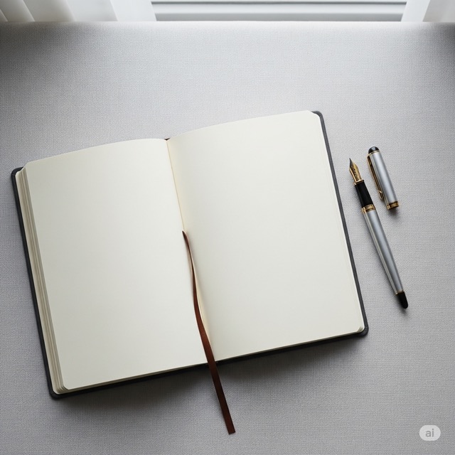 Cuaderno con páginas en blanco y una pluma estilográfica sobre una superficie de lino gris, simbolizando el proceso creativo para elegir nombre.