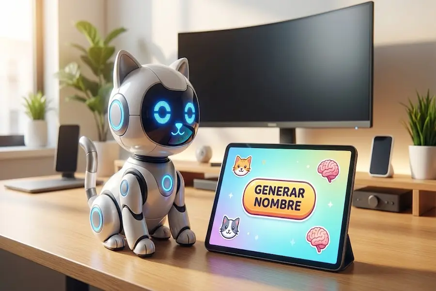 Robot gato futurista junto a una tablet con el botón Generar Nombre