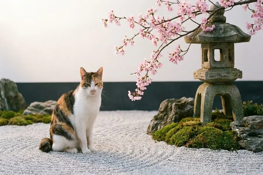 Gato en un jardín zen japonés tradicional