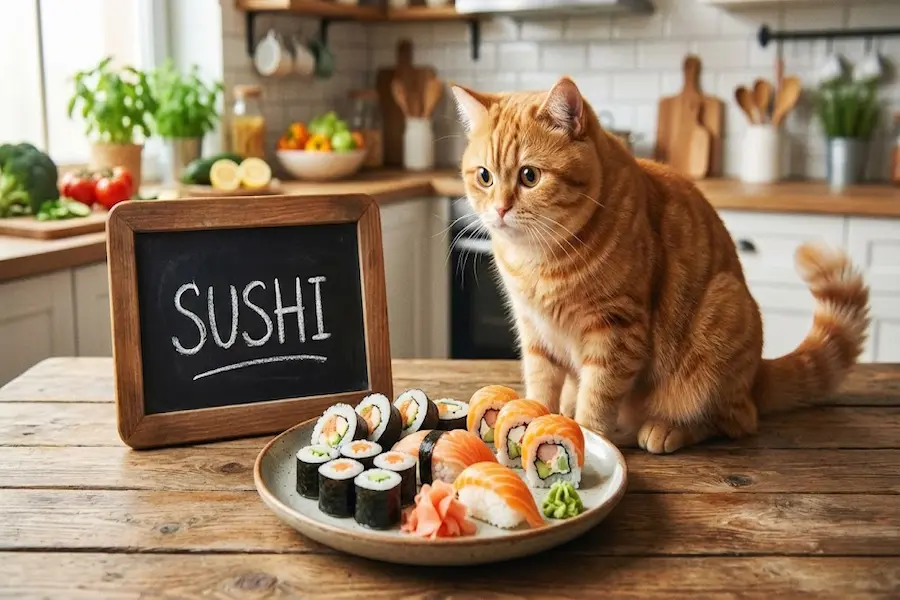 Gato naranja junto a una tabla de sushi