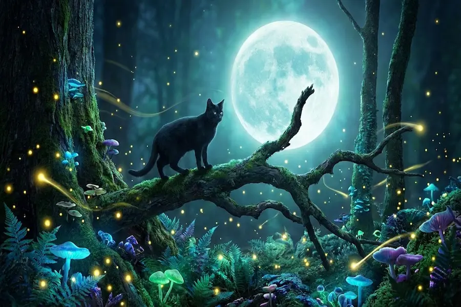Gata negra en un bosque mágico con luciérnagas