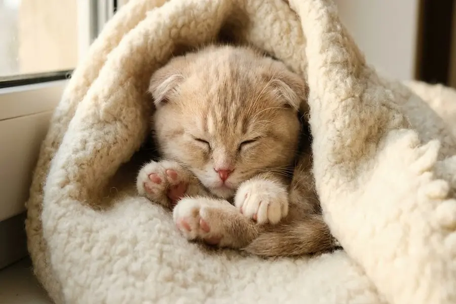 Gatito pequeño durmiendo en una manta de lana