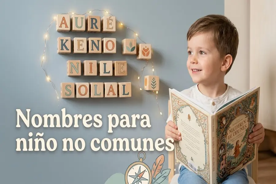 Niño pequeño sonriendo con un libro de cuentos en una habitación decorada con bloques de madera que muestran nombres para niños no comunes