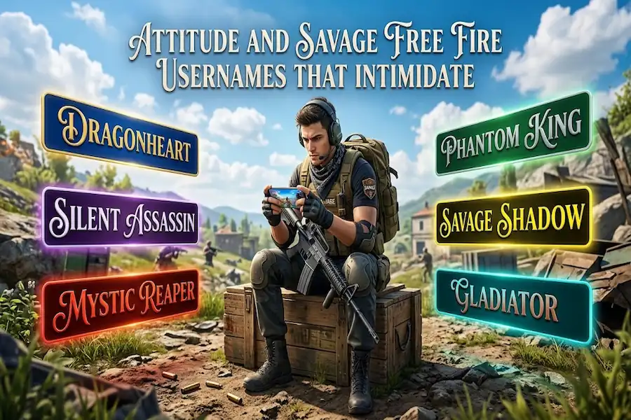 Intimidating attitude and savage Free Fire usernames displayed on screen