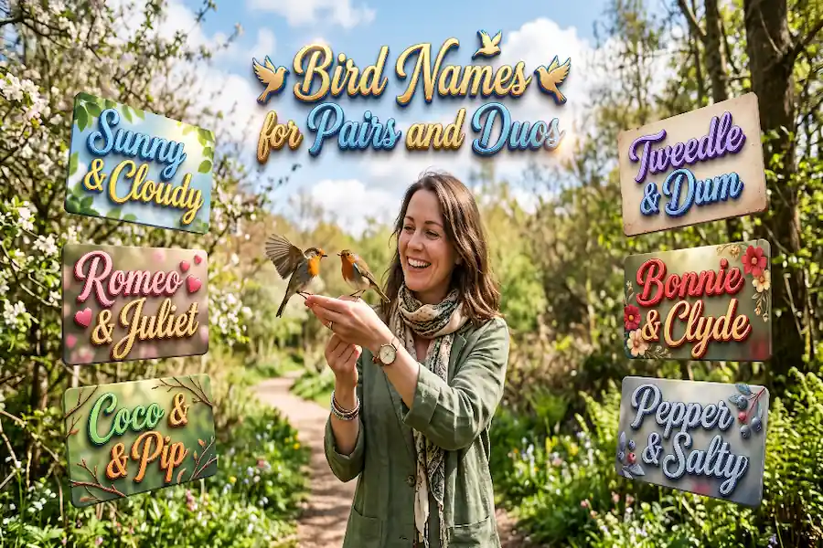 Two colorful lovebirds sitting together on a branch, representing perfect bird names for pairs and duos