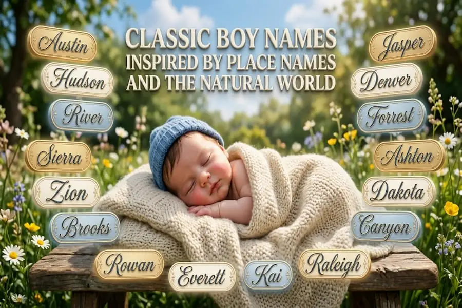 Infographic listing classic boy names inspired by geography, beautiful landscapes, and the natural world