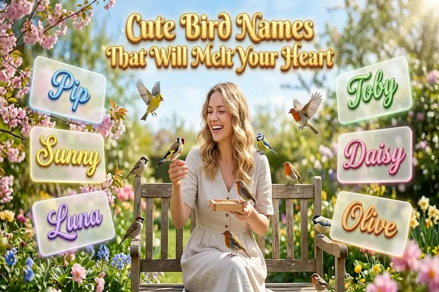 An adorable, fluffy baby bird perching on a finger, illustrating cute bird names that will melt your heart