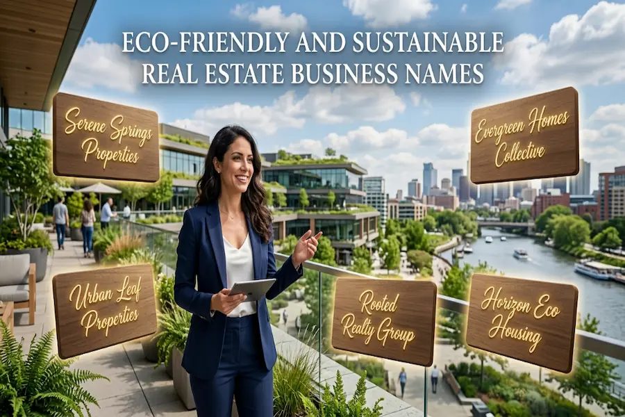 Eco-Friendly and Sustainable Real Estate Business Names Green and sustainable real estate business name ideas focusing on eco-friendly property development and conservation values.