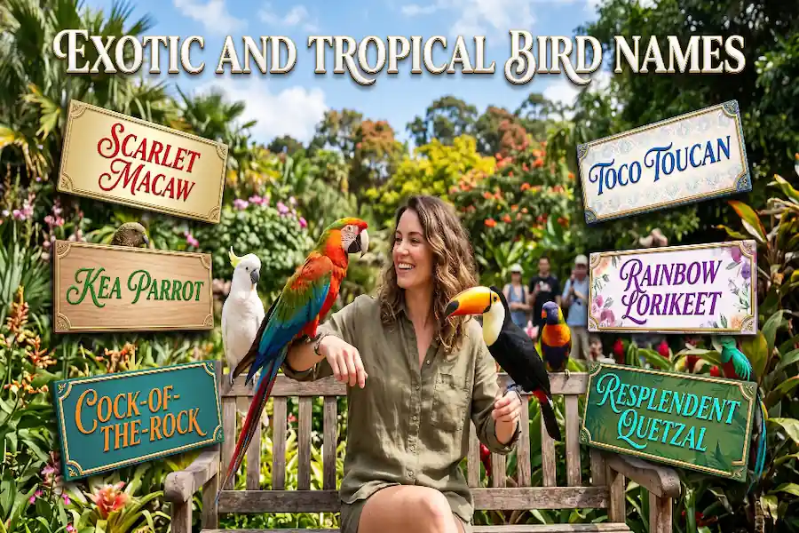 A vibrant, multi-colored tropical macaw parrot in a lush rainforest habitat, representing exotic bird names
