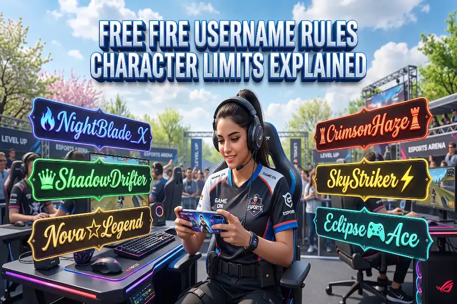 Infographic explaining Free Fire username rules and character limits