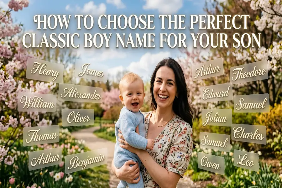 Infographic guide outlining step-by-step tips on how to choose the perfect classic boy name for your son