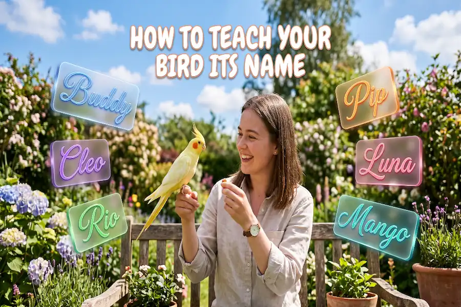A bird owner patiently training a pet parrot with treats, demonstrating how to teach your bird its name