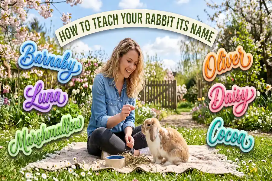 Owner training a pet rabbit to recognize and respond to its name
