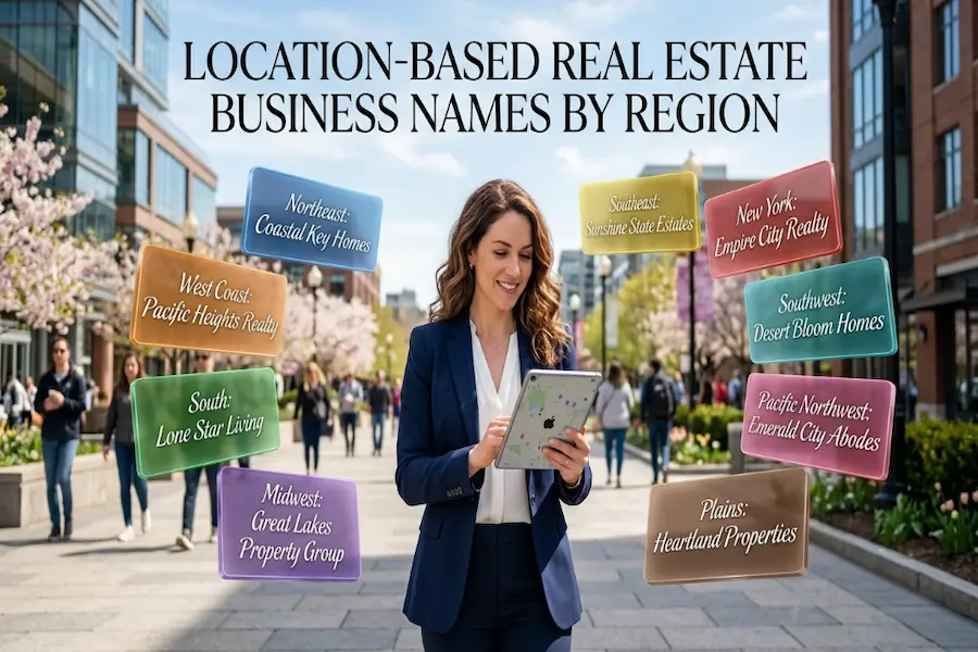 Location-Based Real Estate Business Names by Region Creative examples of location-based real estate business names categorized by geographic region and local market focus.