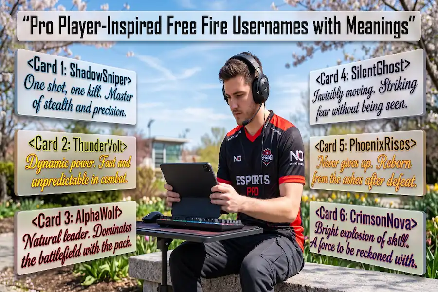 List of pro player inspired Free Fire usernames accompanied by their meanings