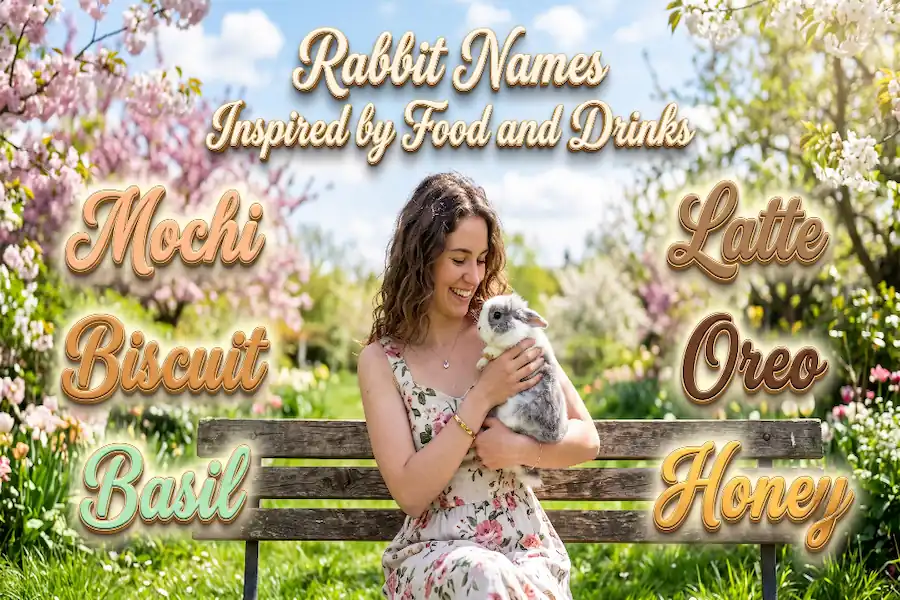 Cute rabbit next to fresh treats, inspiring food and drink pet names