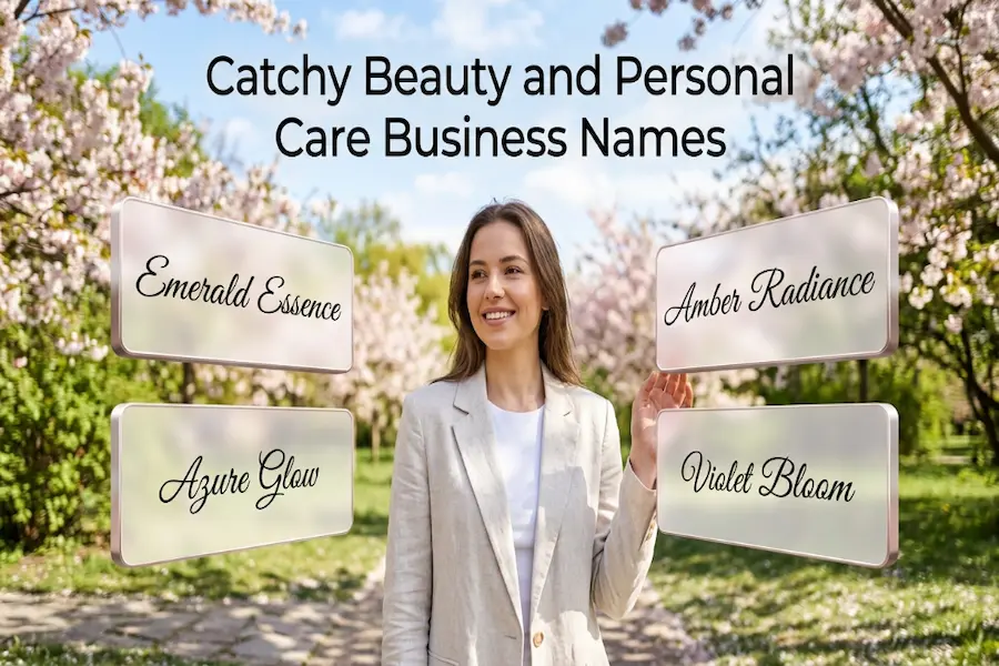 Catchy beauty and personal care business name ideas displayed on a modern branding board