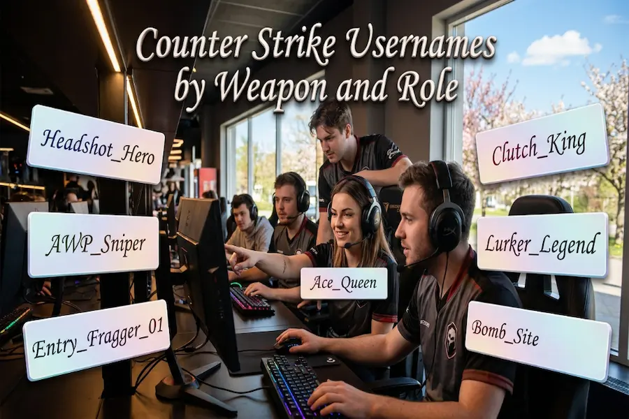 Infographic detailing Counter-Strike usernames categorized by signature weapons and team roles
