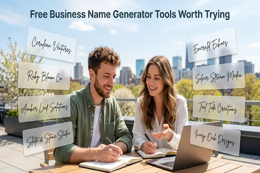 Top free business name generator tools open on a modern laptop screen