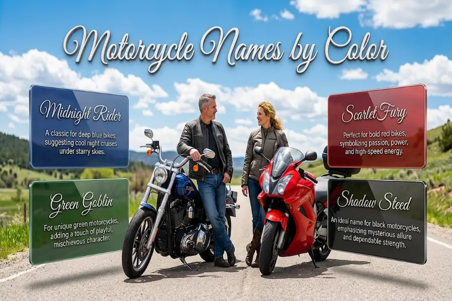 Creative motorcycle names categorized by bike color including black red and silver
